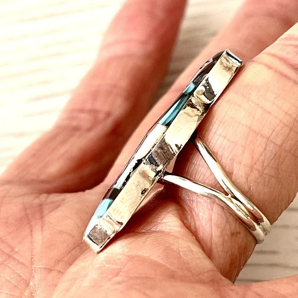 Zuni Indian Maiden‎ Ring Sz 6.5 Turquoise Inlay Signed Joyce Waseta Woman Dress